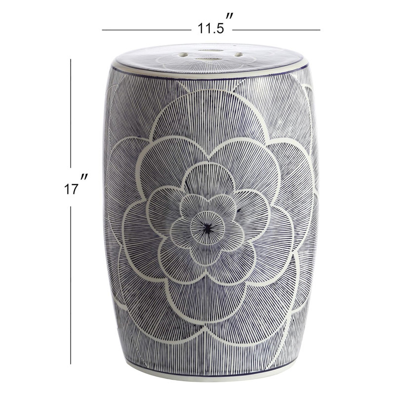 Camellia 17" Traditional Blue Floral Chinoiserie Ceramic Drum Garden Stool, Pierced Indoor/Outdoor Patio Seat & Side Table