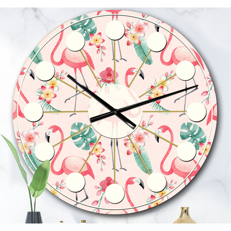 Horloge murale style tropical Mid-Century Tropical Botanicals, Flowers and Flamingo II, Surdimensionné