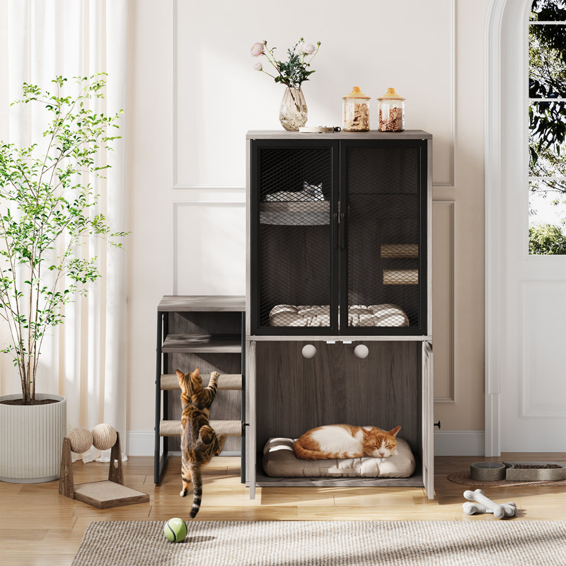 Enceinte de litière pour chat pour 2 chats et portes, maison pour chat double avec espace de rangement, meuble de litière fermé avec échelle
