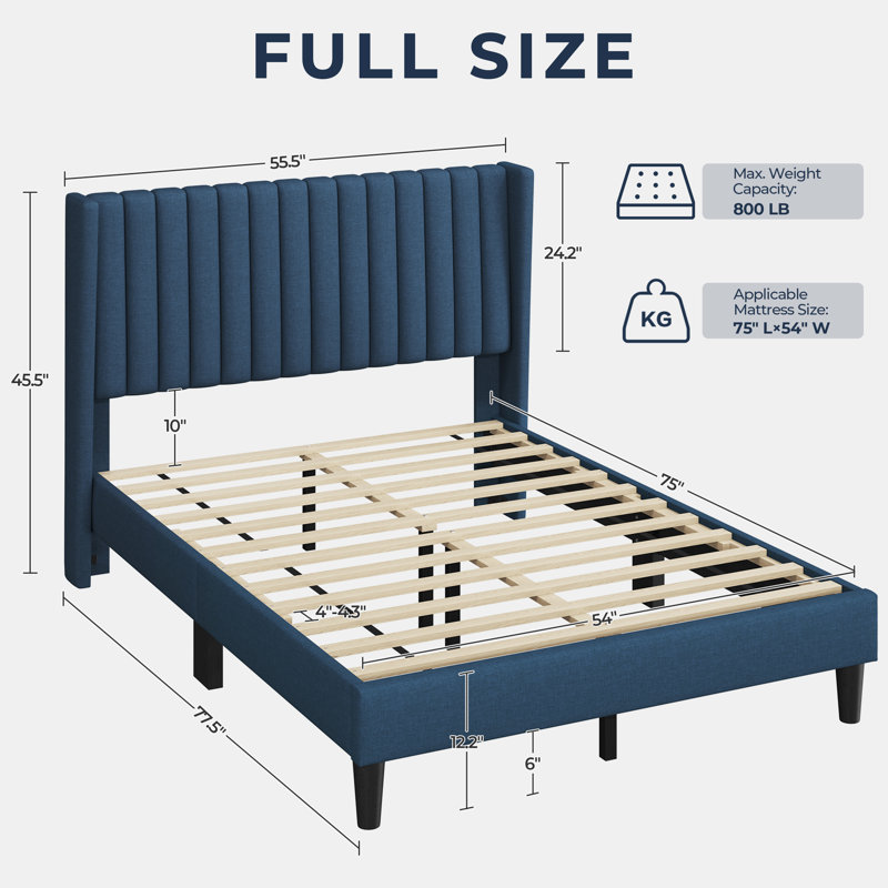 Upholstered Panel Bed, Full, Navy Blue
