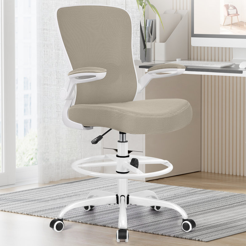 Mesh Drafting Chair Tall Office Chair With Adjustable Footrest Ring, White, Khaki