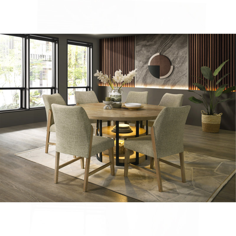 Ensemble de salle à manger rond en chêne rustique 59 "avec lumière DEL 7 pièces Eden, cadre de table en métal noir, tablettes, chaises en lin beige