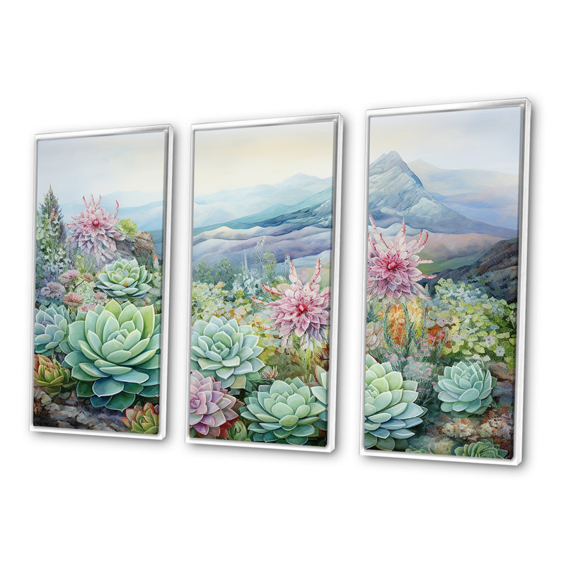 «Green Succulent Desert Charm» - ensemble de salon d'art mural, Cadre flottant blanc, H 32 po x l 48 po x P 1 po