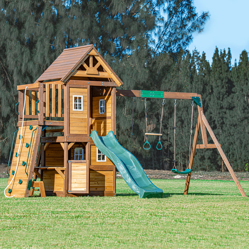 Transform Your Backyard! 10-in-1 Cedar Wood Swing Set With Slide, Climbing Wall, 2 Swings, Play Kitchen & Wooden Roof – Ultimate Outdoor Playset For Kids 3+