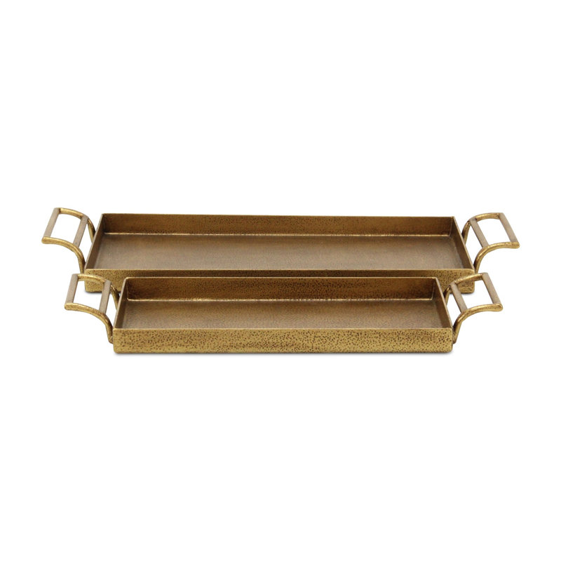 Ensemble de 2 plateaux décoratifs en fonte martelés dorés avec poignées Khilov, 17,75 po et 14,5 po Khilov