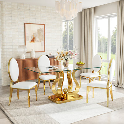 Modern 69" Rectangular Glass Dining Table Set, Tempered Glass Top, Polished Stainless Steel S-Shaped Base, And PU Leather Oval-Back Chairs