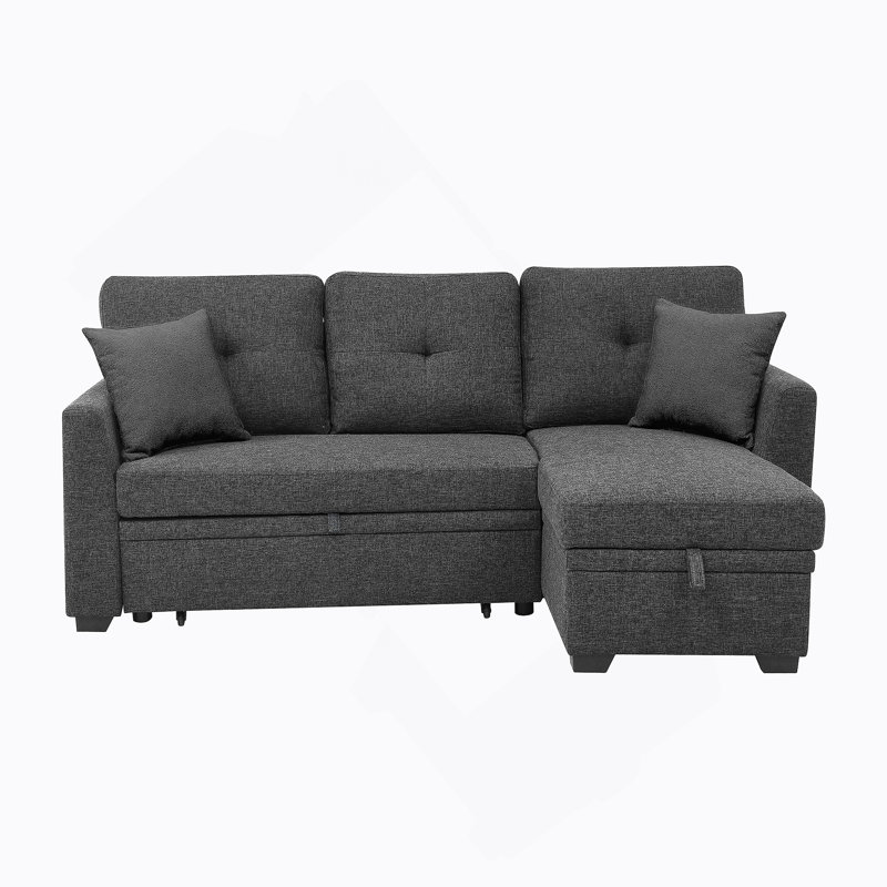 Canapé modulaire 76,5 po en mélange de lin avec lit escamotable et rangement pour chaise longue, Lin noir