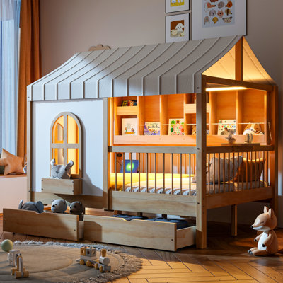Full Size Kids House Bed with 2 Large Storage Drawers, Side Bookshelf & LED Lights, Natural