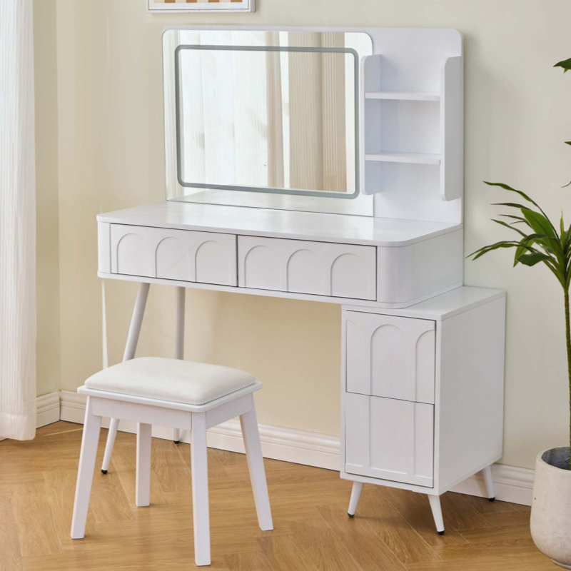 Meuble-lavabo moderne avec lumières DEL et miroir, ensemble de coiffeuse 4 tiroirs avec tabouret, luminosité à intensité variable de 3 couleurs, peu encombrant pour la chambre à coucher