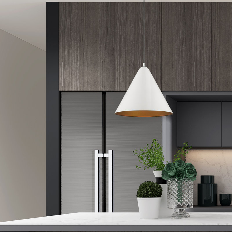 Luminaire suspendu conique à 1 lumière Oaklee, Blanc brillant, H 18 po x l 14 po x P 14 po