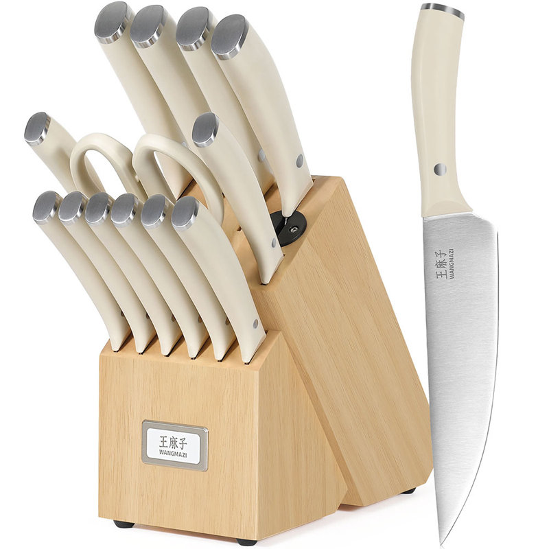 Bloc de 15 couteaux WANGMAZI, ensemble de couteaux de chef à lame tranchante en acier inoxydable à haute teneur en carbone, ensemble de couteaux ultra-tranchants pour la cuisine