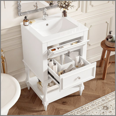 Meuble-lavabo de 20 po avec lavabo en céramique, armoire de rangement avec tablette ouverte, armoire de salle de bain rétro avec 2 tiroirs