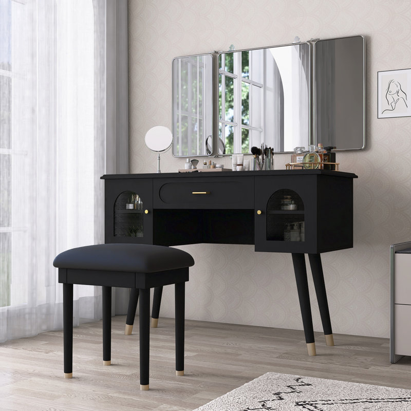Elegant Vanity Makeup Table & Chair Set, Black