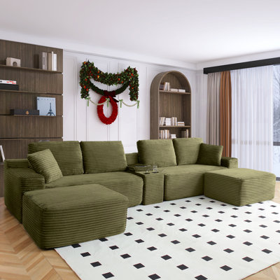 Boneless Chifley 150.50" W U-Shaped Modular Corduroy Sectional,Cup Holders,USB Charge,with 2 Ottoman,No Assembly Required Boneless Couch
