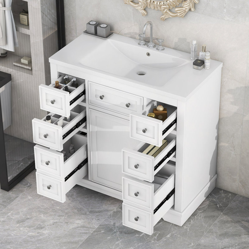 Ensemble de meuble-lavabo 36 po avec lavabo, une armoire et six tiroirs, bois massif et panneau de fibres à densité moyenne