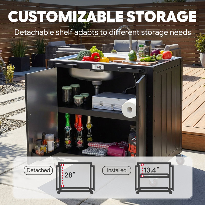 Ensemble de cuisine d'extérieur 2 pièces Outdoor Kitchen Series, station de cuisson et évier en acier inoxydable avec armoire, roulettes mobiles pour la cour, le jardin et le patio 