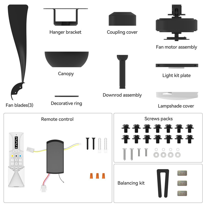 Ventilateur de plafond de 52 pouces avec lumières, ventilateurs de plafond avec télécommande, Noir