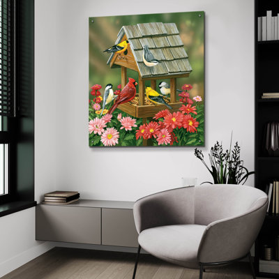 Red Barrel Studio «Backyard Birds Fall Feast» par William Vanderdasson, art mural en verre acrylique, 36 po x 36 po