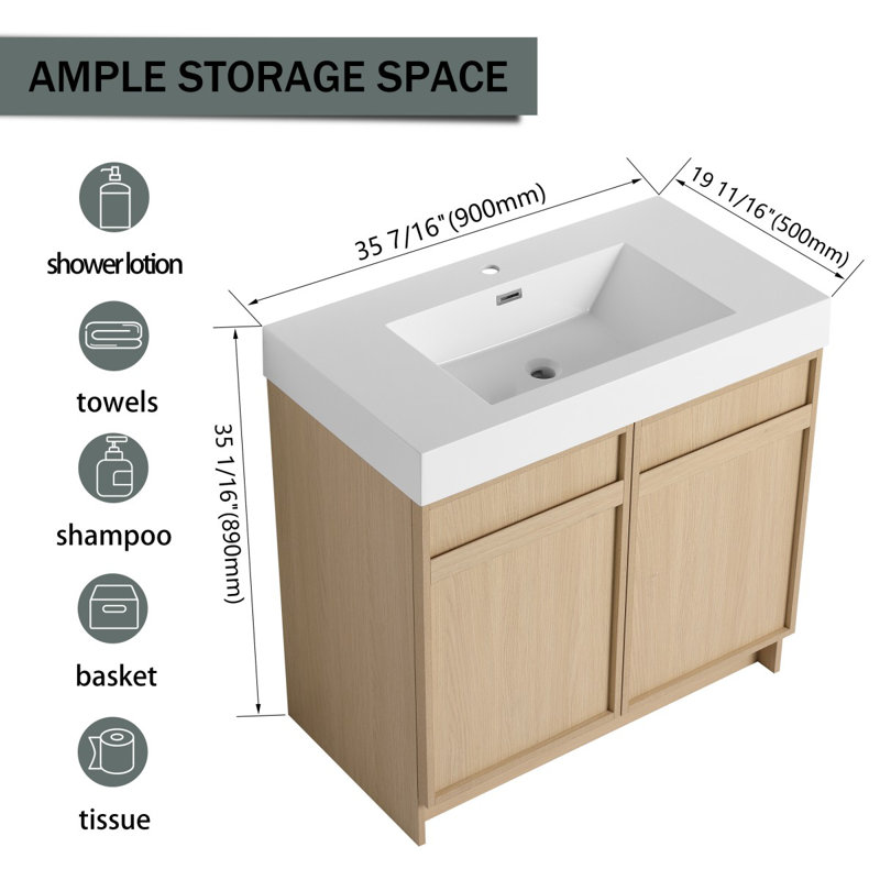 Meuble-lavabo autoportant à fermeture en douceur avec lavabo en résine blanche