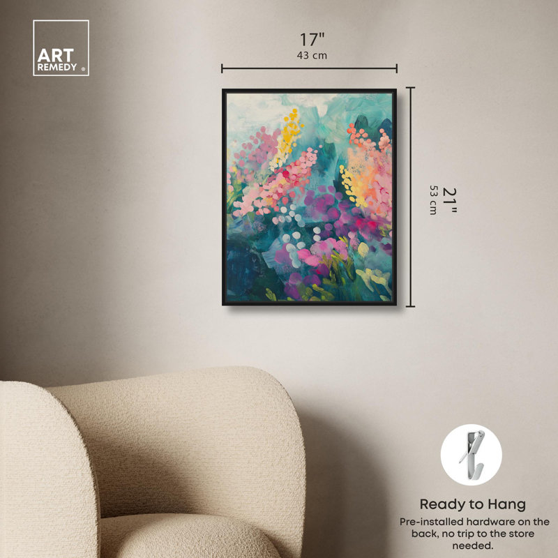 Toile abstraite abstraite avec art floral, H 21 po x l 17 po, Cadre flottant noir