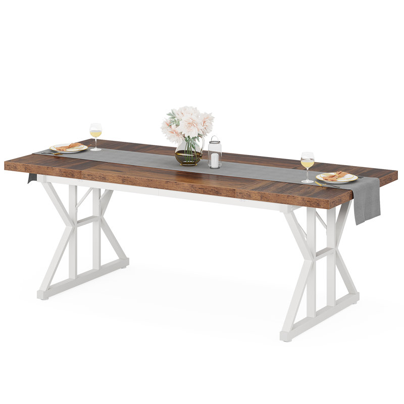 Metal Base Dining Table, White, 75Cm H x 200Cm L x 70Cm W, Brown 