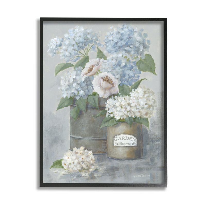 «Country Garden Blooms Hydrangeas» par Pam Britton - peinture à cadre flottant sur bois, Giclée encadrée noir minuit
