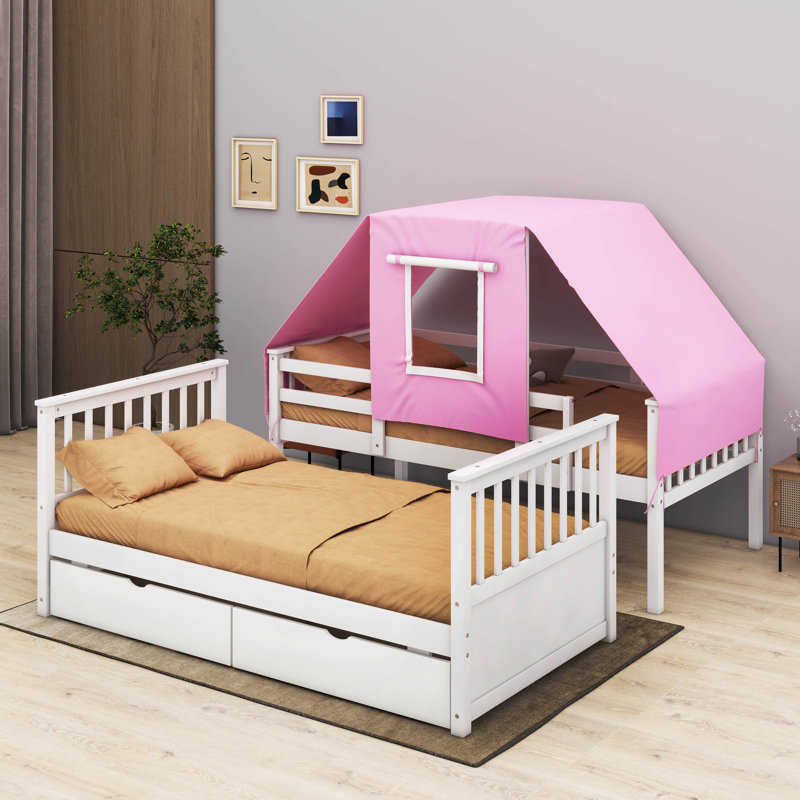 Lit superposé simple en bois avec tente et tiroirs Wetzler Kids, Blanc, Rose