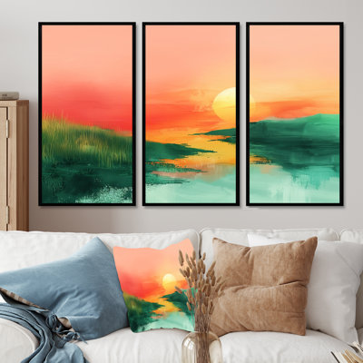 Ensemble de salon art mural vert et rouge, coucher de soleil et dunes II