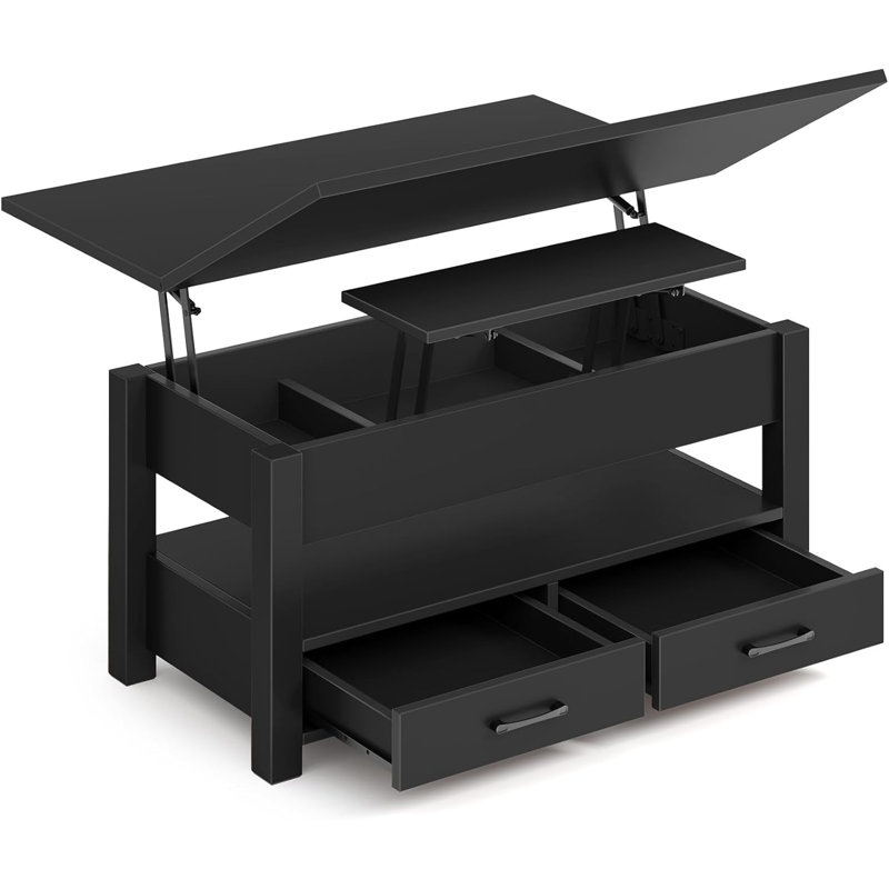 Table basse à plateau relevable avec rangement, table basse multifonctionnelle convertible en table de salle à manger ou bureau, avec conception à fente relevable, compartiments et tiroirs cachés pour le salon ou le bureau personnel