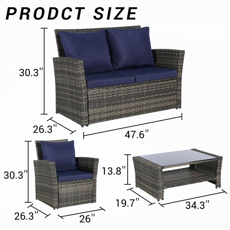 4 Pieces Outdoor Patio Furniture Sets, Dark Blue