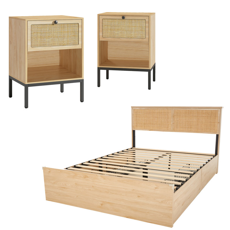 Ensemble de chambre à coucher Boho, Grand lit, Trois pièces : lit, 2 tables de chevet