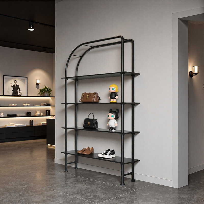 Black Metal Industrial Display Shelf, (4 Shelves) 64.96"H x 47.24"W x 11.81"D