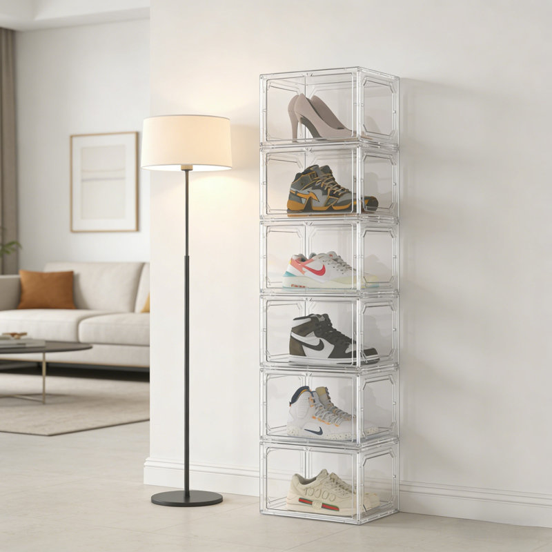 6-Pack Magnetic Closure Stackable Shoe Display Box, Clear