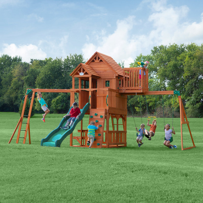 Backyard Discovery Skyfort II Cedar Wood Climbing Frame with 2 x Swings, Trapeze, Monkey Bars and Slide