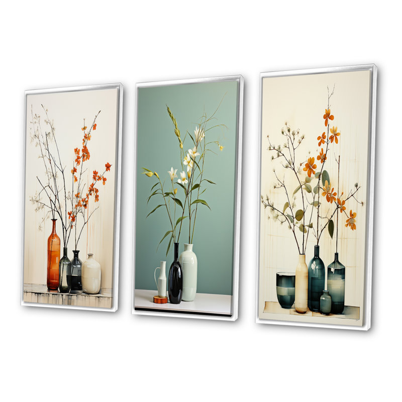 «Beige corail Mid Century Minimalist Oasis Poteries», 3 pièces sur toile, Cadre flottant blanc, H 28 po x l 36 po