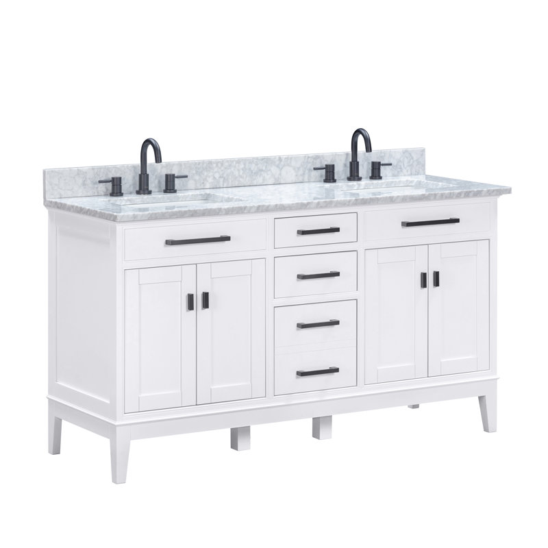 Anglet 60" Double Bathroom Vanity with Top, Carrera White, White
