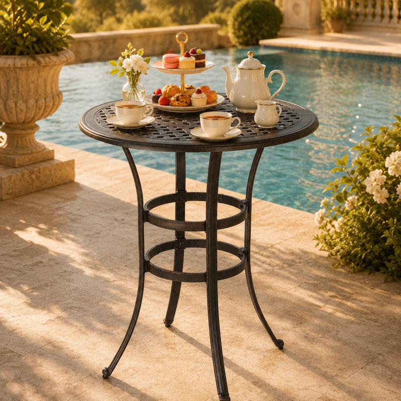 Table d'extérieur à hauteur de bar avec plateau rond en treillis, pieds courbés et finition bronze
