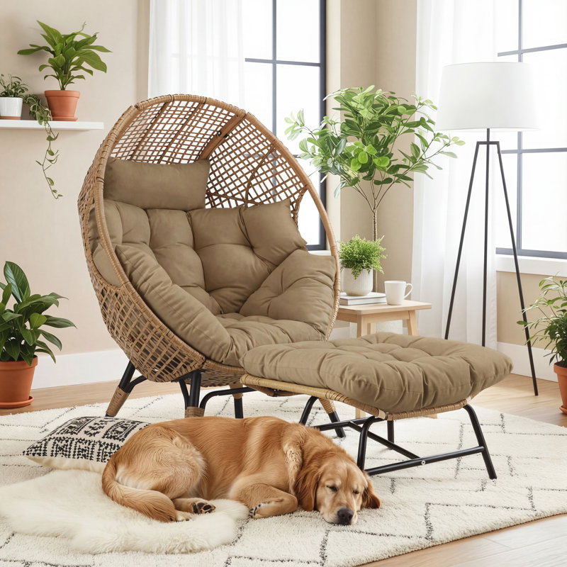 Indoor/Outdoor Wicker Egg Chair with Ottoman, 6.5'' Thick Cushions, 440-lb Capacity Patio Lounge Chair, Brown