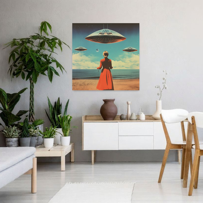 Art contemporain contemporain, coloré, rétro, plage, paysage, H 36 po x l 36 po