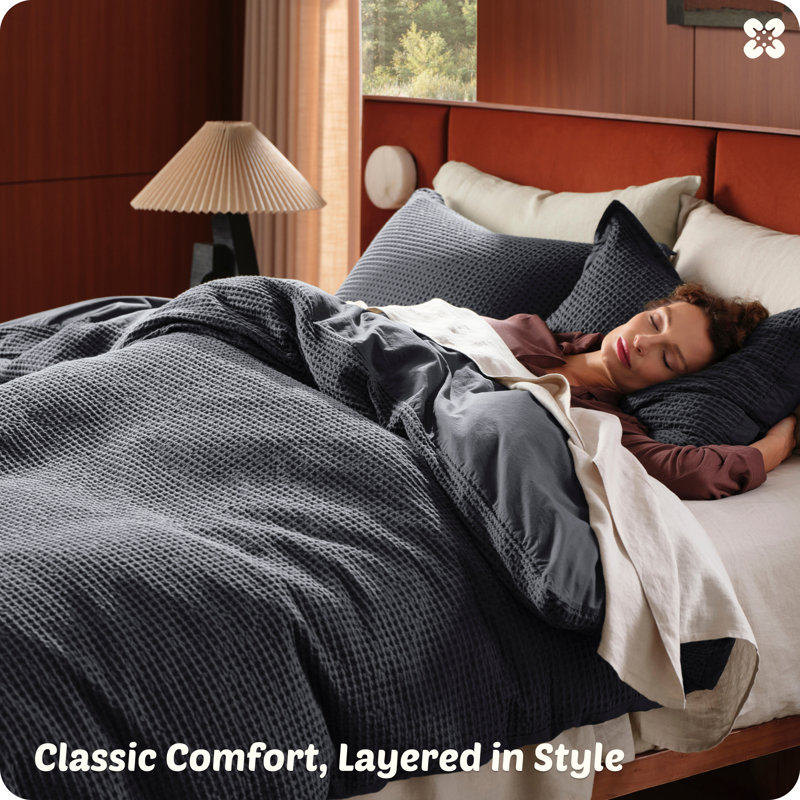 Essential Collection 100% Cotton Waffle Weave Duvet Cover Set, Charcoal, King Duvet Cover + 2 King Shams