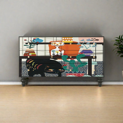 Commode de tiroir en bois massif à motif de chat peint