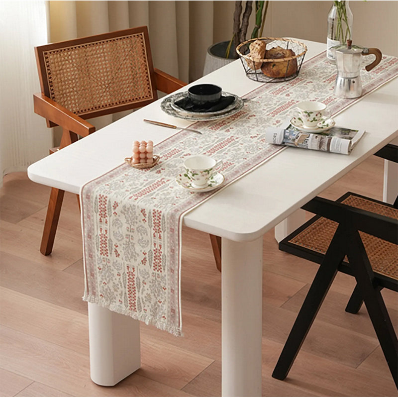 Coral Floral Print Tassel Cotton Blend Unique Botanical Design Table Runner 14" W X 71" L