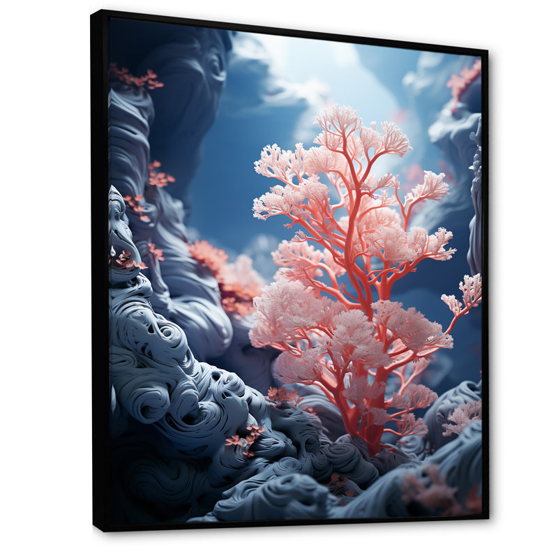 Rose corail et anémones dansant III, Cadre flottant noir, H 44 po x l 34 po x P 1,5 po