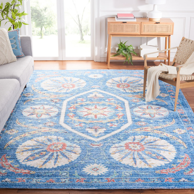 Tapis oriental bleu / crème touffeté à la main Saffron, Rectangle 4 pi x 6 pi