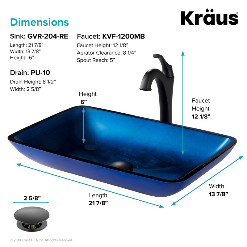 Glass Rectangular Vessel Bathroom Sink with Faucet, Matte Black, Blue
