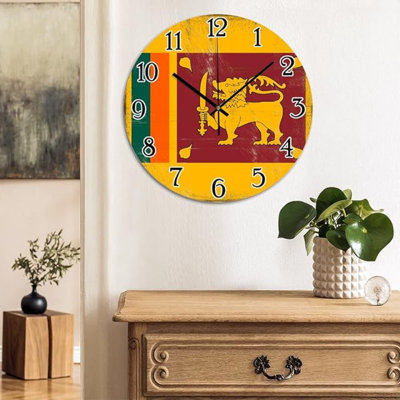 Sri Lanka Flag Round Hanging Wall Clock Country Souvenir Sri Lanka PVC Home Decor Wall Clocks Battery Operated Farmhouse Home Decorations Clocks For Kitchen Bedroom Office 12X12in