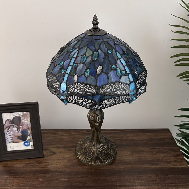 Varley Tiffany Table Lamp Blue Stained Glass Dragonfly LED Bulb Included 12"W*12"D*19"H