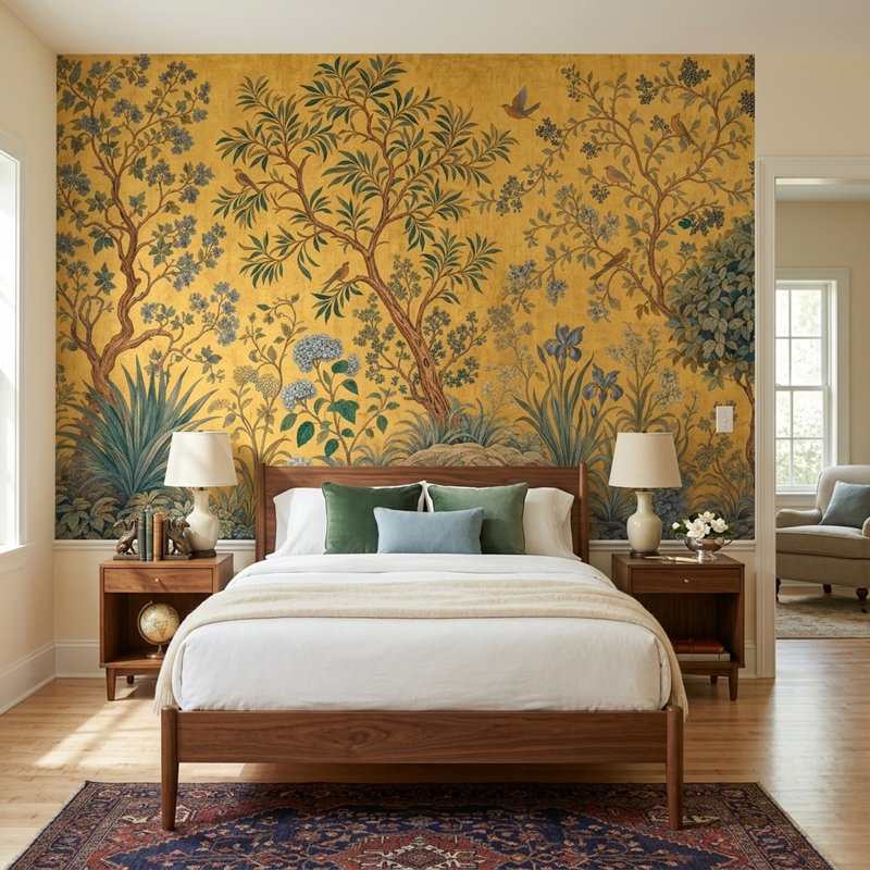 Papier peint Botanical Tree Golden Chinoiserie Birds, 160 po x 108 po, Texturé non collé