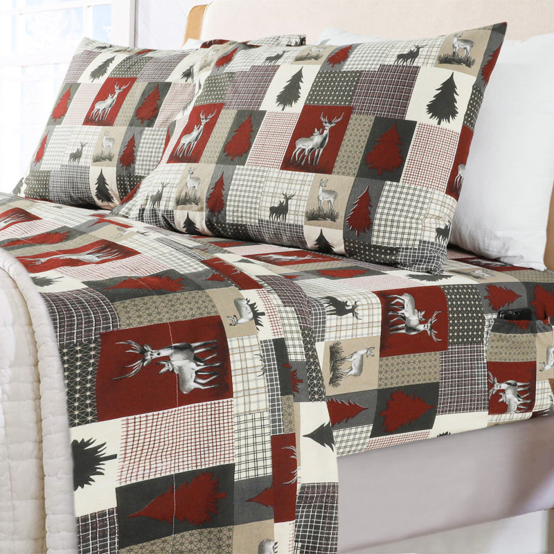 Full Gray and Red Cotton Flannel Plaid Sheet Set