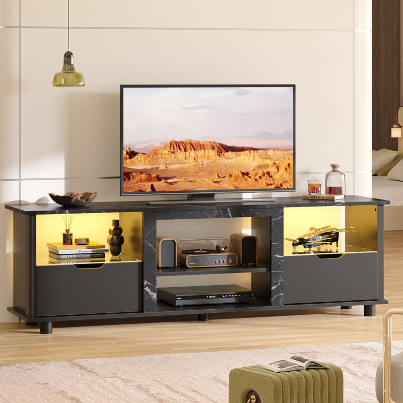 Blagoje 70'' LED TV Stand for TVs up to 75", Gaming TV Console with Drawer, Media console for PS5, Black Marble